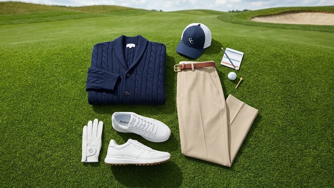 A flat lay of a navy knit sweater, khaki pants, white sneakers, golf cap, and accessories on a putting green.