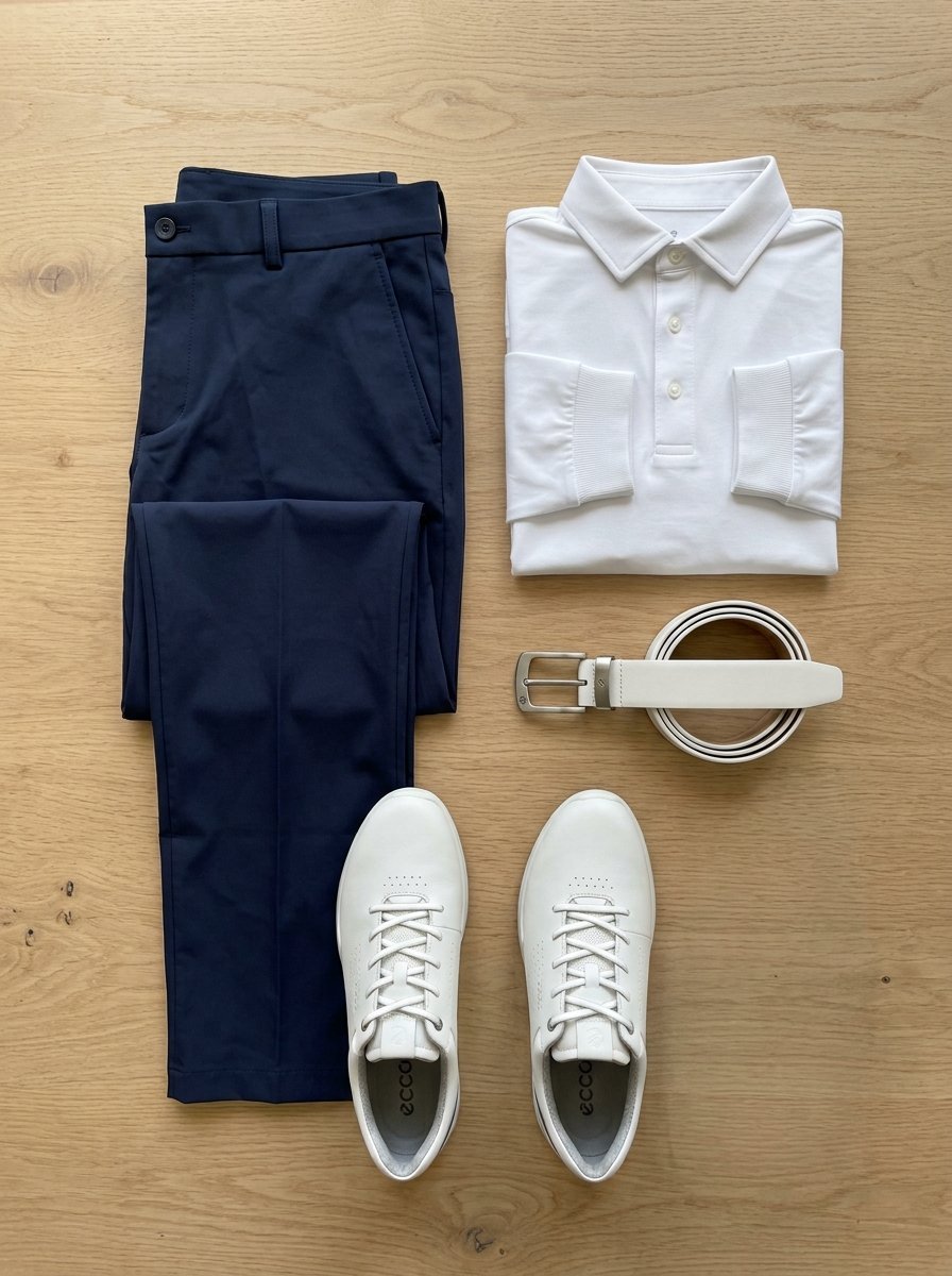 Folded navy pants, white polo, white leather belt, and pair of white sneakers arranged on a wooden surface.