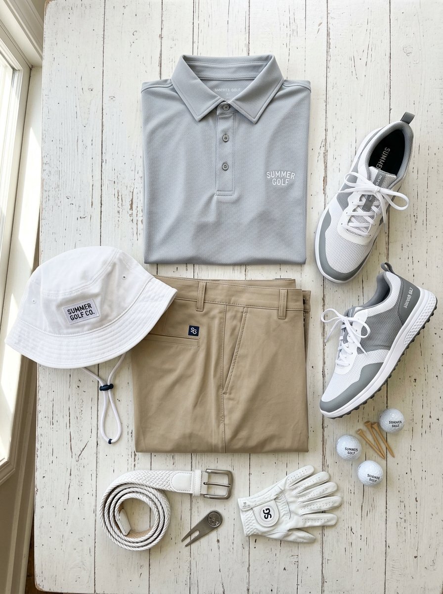 Flatlay of golf apparel including a grey shirt, khaki pants, white hat, sneakers, belt, glove, and golf balls.