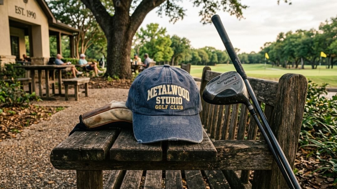 Vintage blue Metalwood Studio golf hat and a TaylorMade driver sitting on a rustic bench at a golf course.