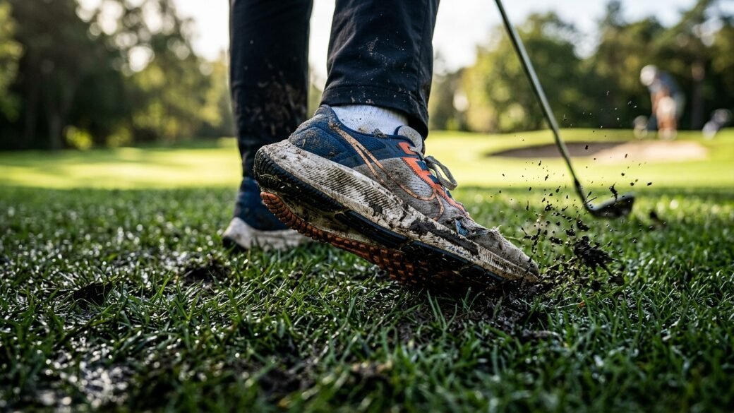 Close up of a mud-splattered sneaker on green grass during a golf swing