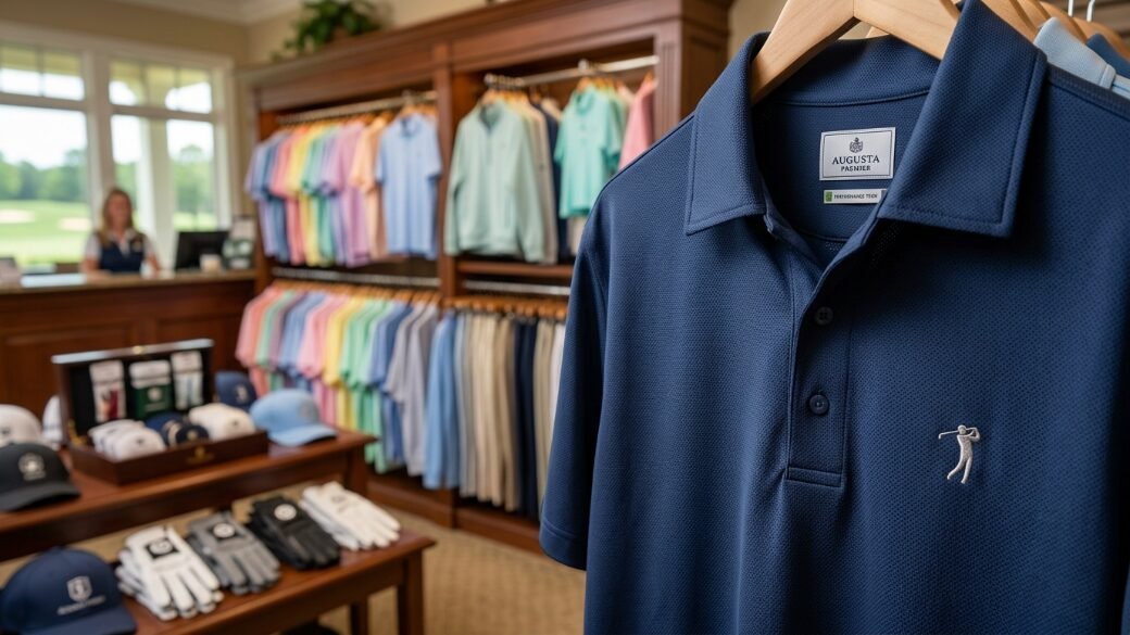 Close up of a blue Augusta polo shirt hanging on a rack in a clothing store with shelves of golf apparel.