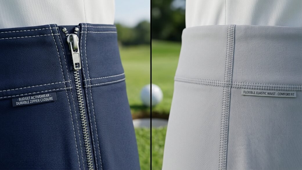 Close up of a blue skirt with a metal zipper and a grey skirt with an elastic waistband on a golf course.