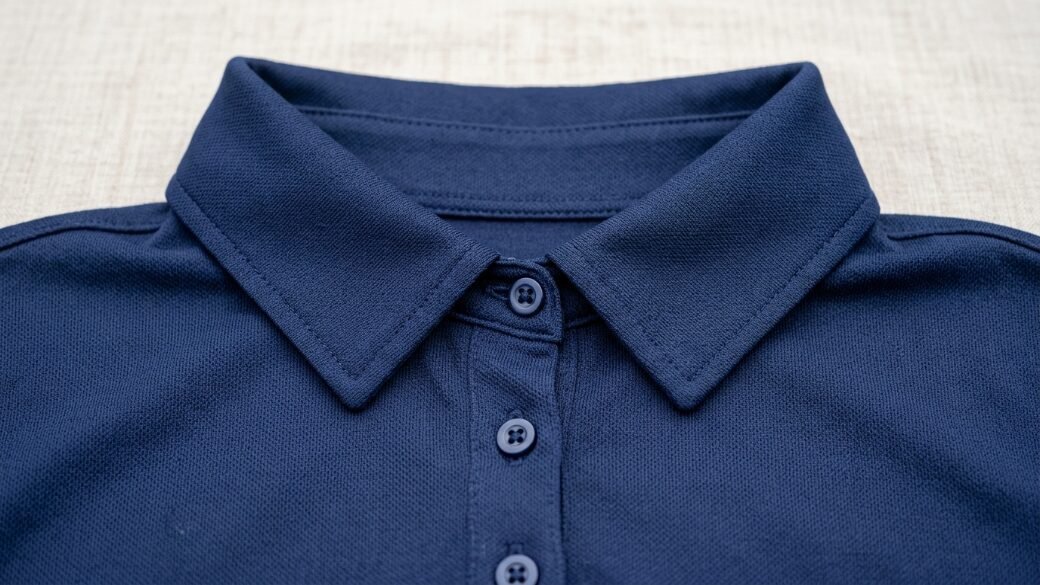Top portion of a dark blue polo shirt showing the collar, placket, and matching buttons.