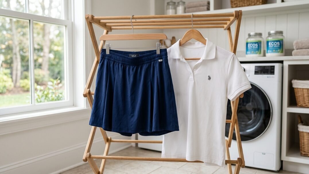 Clothes drying on a wooden rack next to a washing machine in a laundry room.