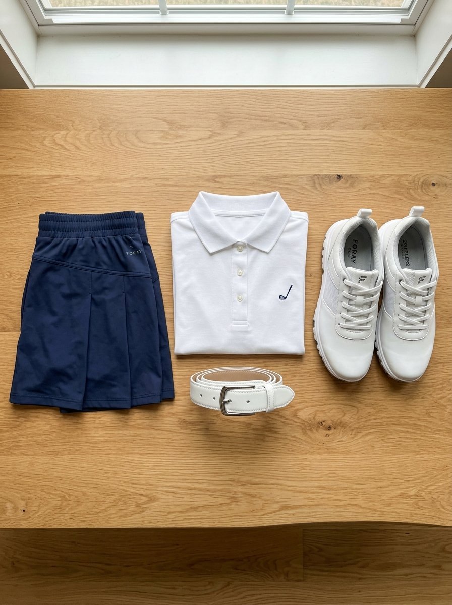 Flat lay of women's golf apparel including white sneakers, a white belt, white polo, and a navy pleated athletic skirt.