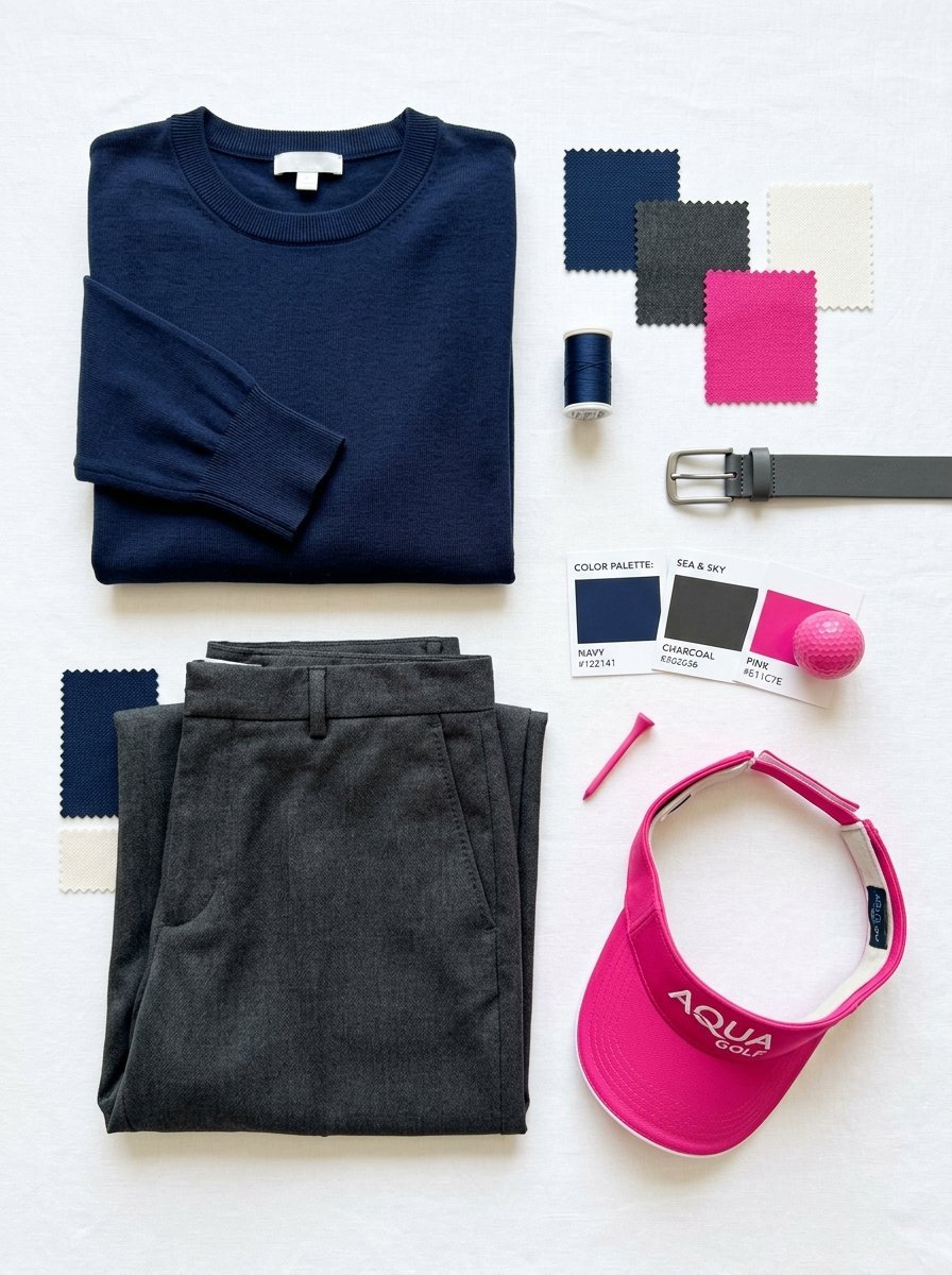 A navy knit sweater, charcoal grey trousers, fabric swatches, and a pink golf visor with a matching ball and tee.