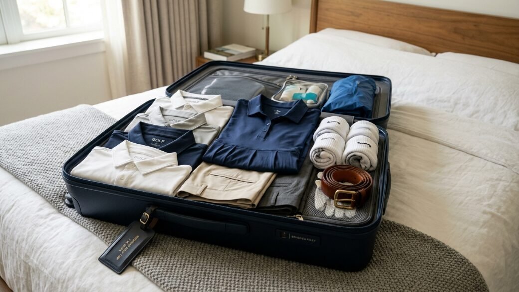 An open dark blue suitcase filled with folded golf shirts, trousers, socks, a belt, and a glove on a hotel bed.