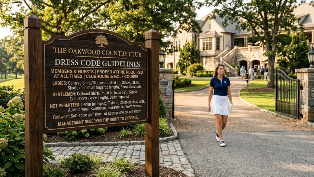 A female golfer walks along a path near a large wooden sign detailing club dress code requirements.