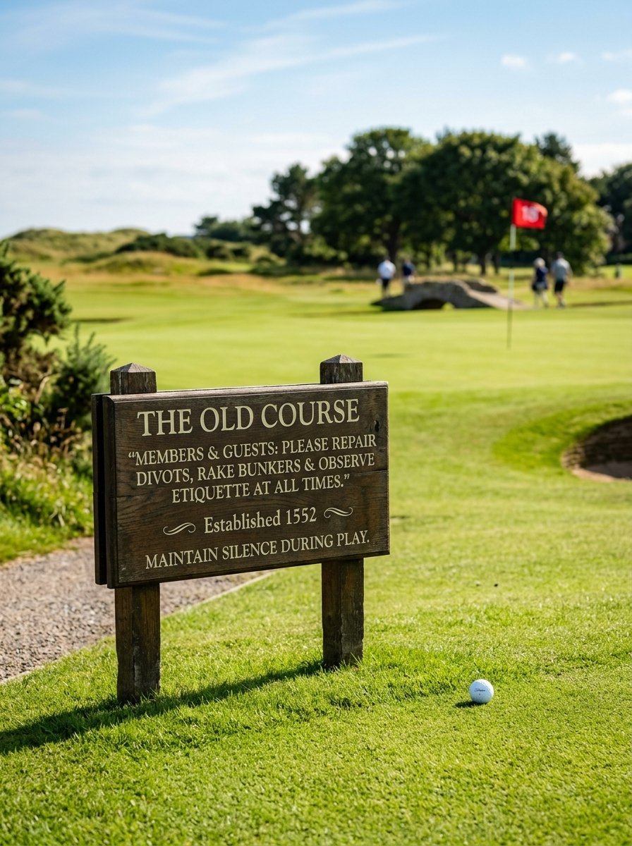 A wooden sign on a golf course green reading The Old Course with rules and a white ball in the foreground.