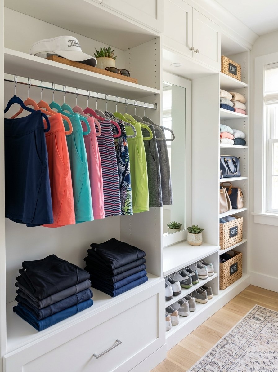 Row of colorful athletic skirts on hangers with folded leggings and organized shelves in a bright white closet.