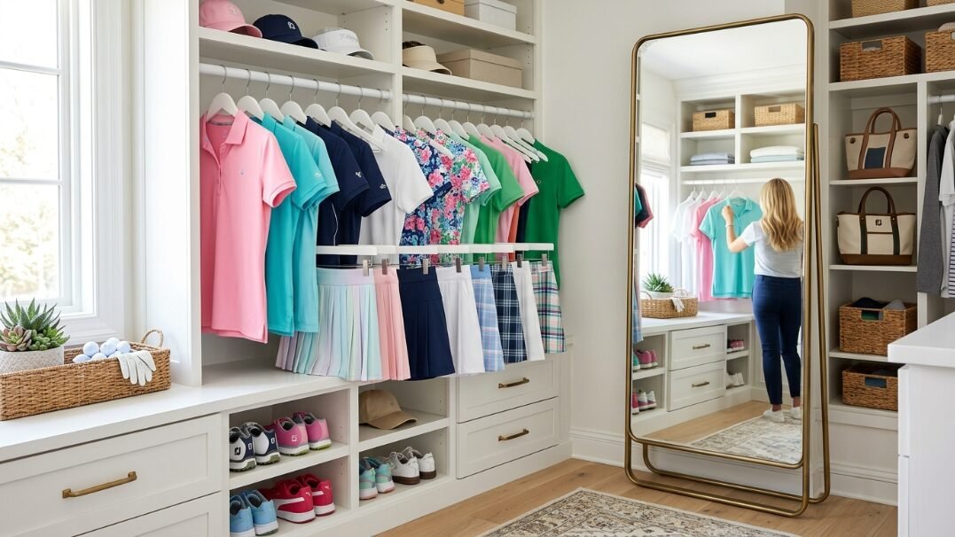 A blonde woman looking at her reflection while organizing a rack of colorful golf clothes in a white walk-in wardrobe.