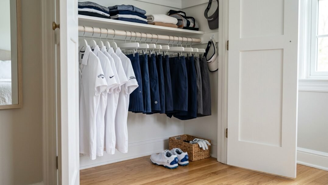 A walk-in closet displaying white golf shirts, dark skorts, golf shoes, and accessories arranged on wooden hangers.