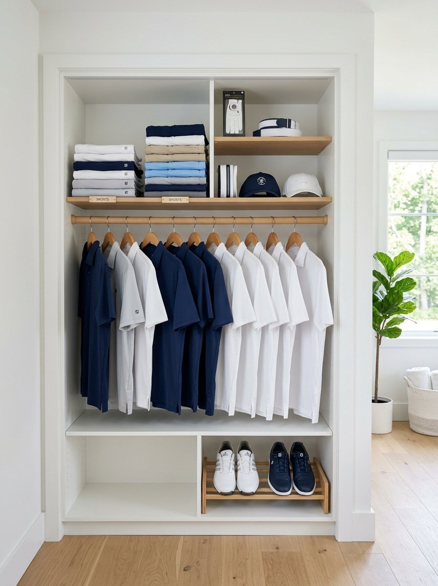 Closet shelves holding folded golf shirts and shorts, with hanging polo shirts and golf shoes on the bottom rack.