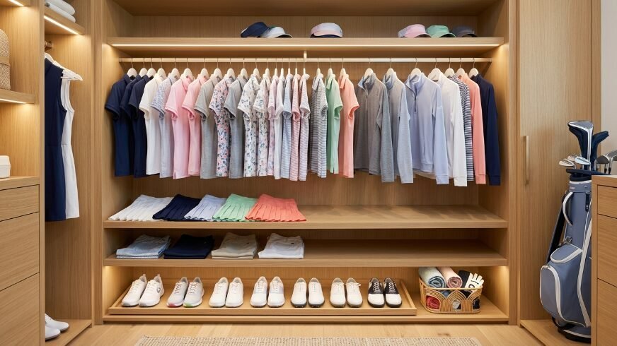 Wooden walk-in closet with rows of golf shirts, pleated skirts, folded pants, white shoes, and a golf bag.