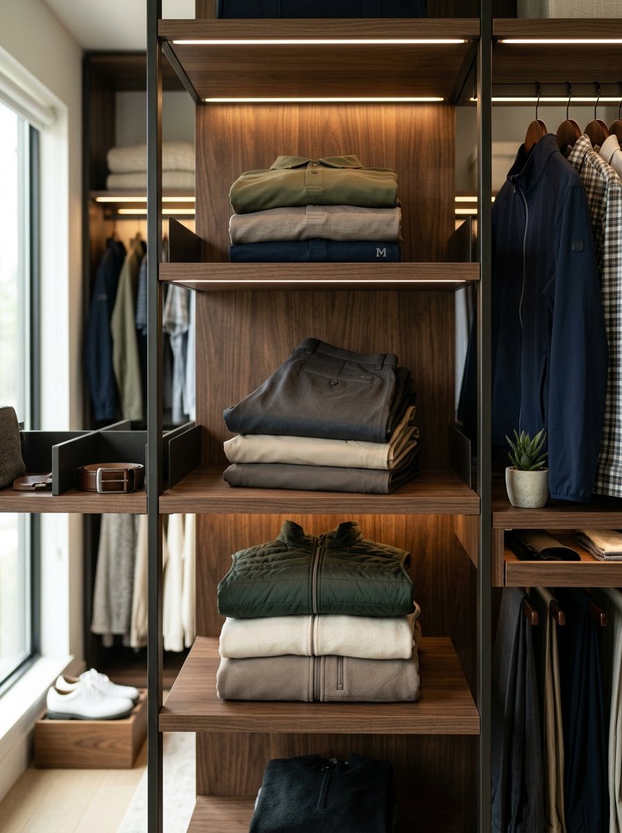 Neatly folded stacks of shirts, pants, and vests on illuminated dark wood shelves in a boutique wardrobe.