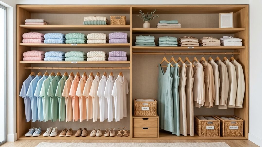 A well-organized wooden closet featuring stacked colorful folded sweaters, hanging dresses, shirts, and wicker baskets.