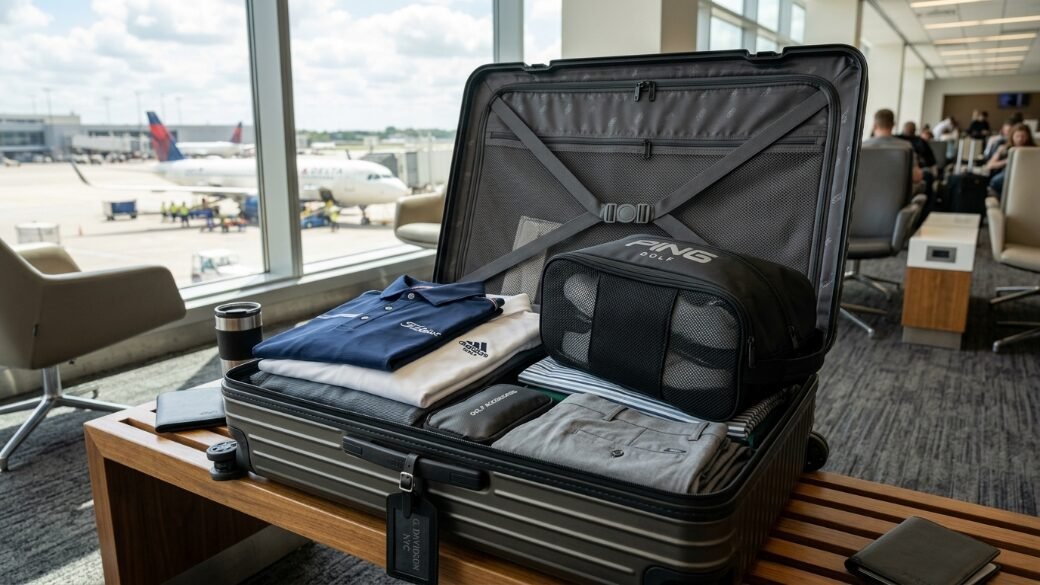 A suitcase filled with folded shirts and a Ping golf bag sits on a bench overlooking an airport tarmac.