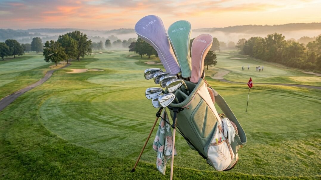 A sage green golf bag with colorful pastel club covers standing on a lush green golf course at sunrise.