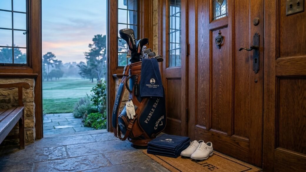 Leather golf bag with clubs and shoes ready near an open door overlooking a misty golf course at dawn.
