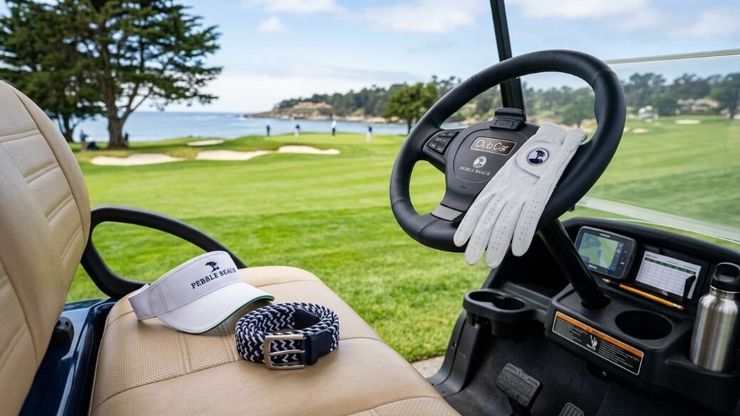 White golf visor, woven belt, and glove sitting on a tan cart seat with coastal green views.