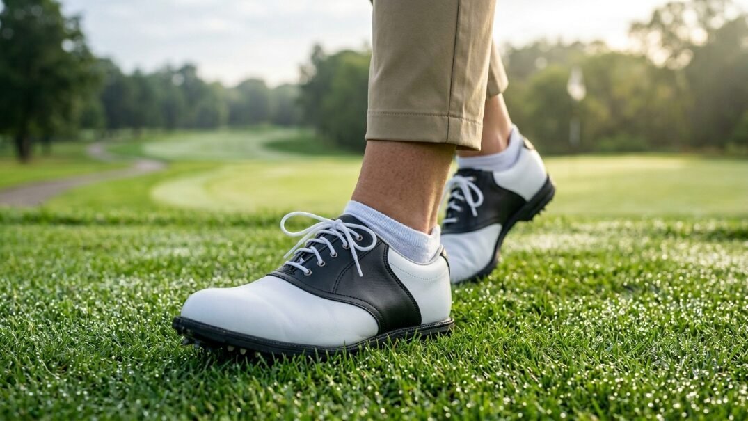 Close up of feet in black and white leather golf shoes walking on a dew-covered grassy course