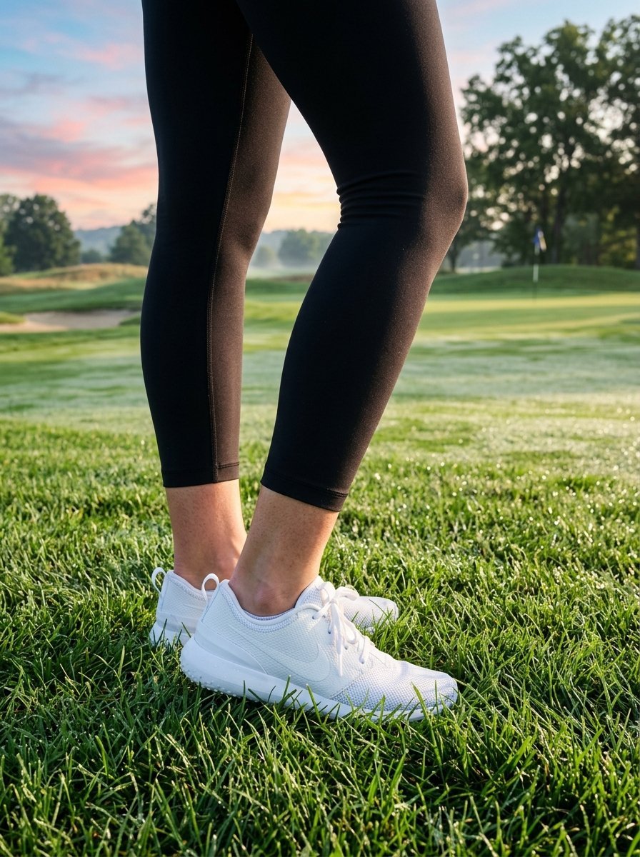 Close up of legs in black leggings wearing white athletic shoes standing on a green golf course at dawn.