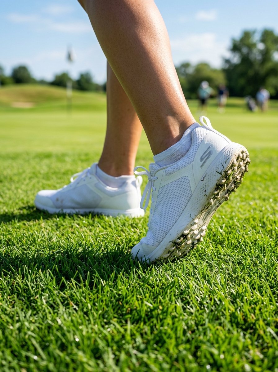 Close up of a golfer wearing white athletic shoes with grass clippings stuck to the soles.