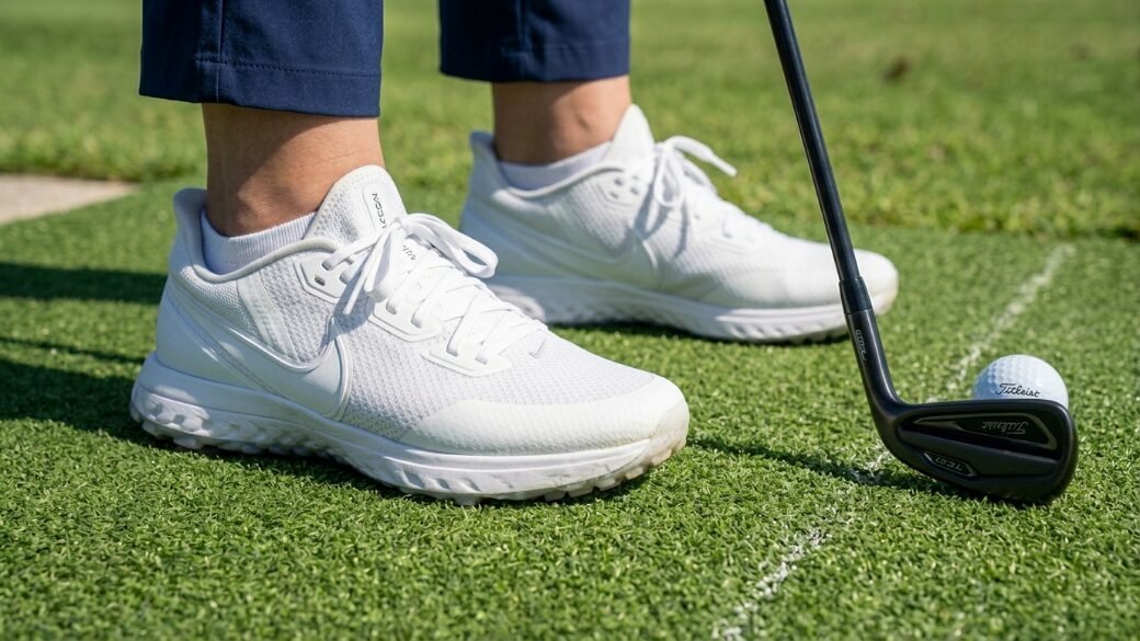 Golfer in white athletic shoes standing near a club and ball on a putting green.