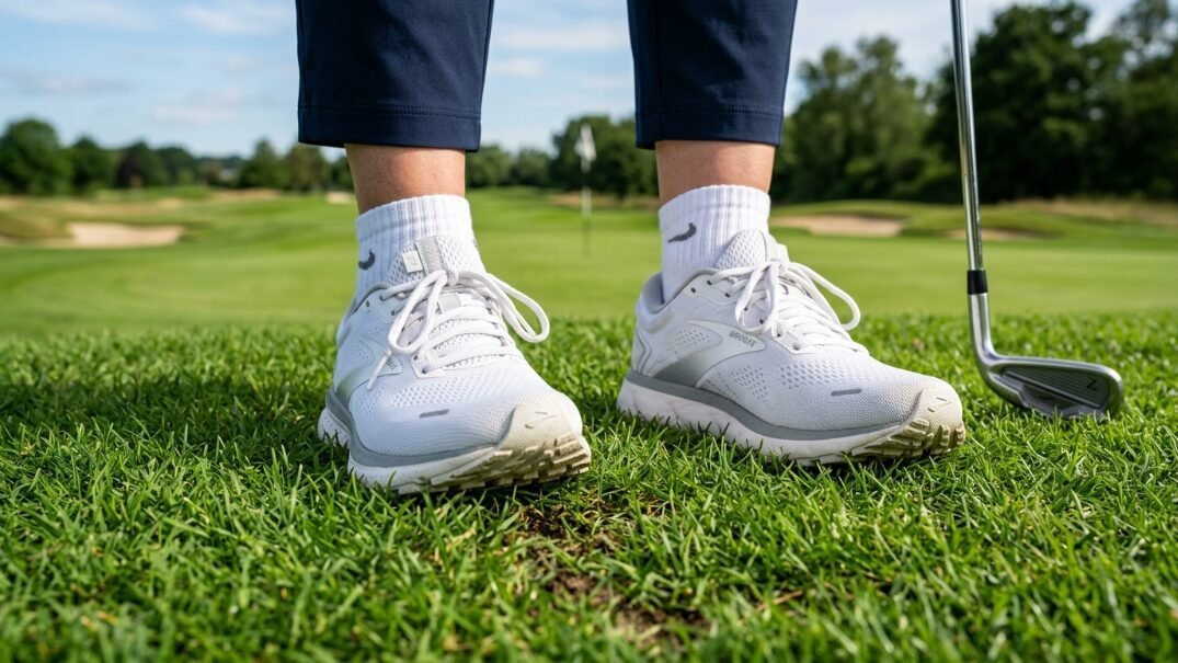 Close up of a golfer standing on a fairway wearing white athletic shoes and dark blue pants with a club nearby.