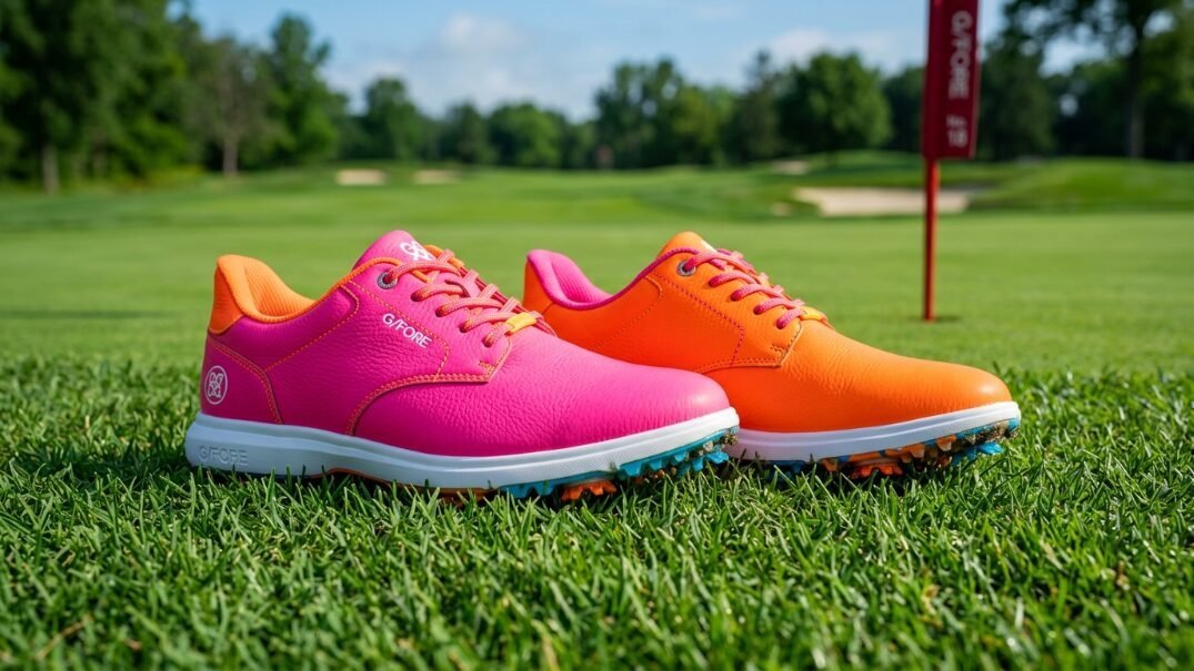 A pair of brightly colored golf shoes, one pink and one orange, sitting on a lush green golf course lawn.