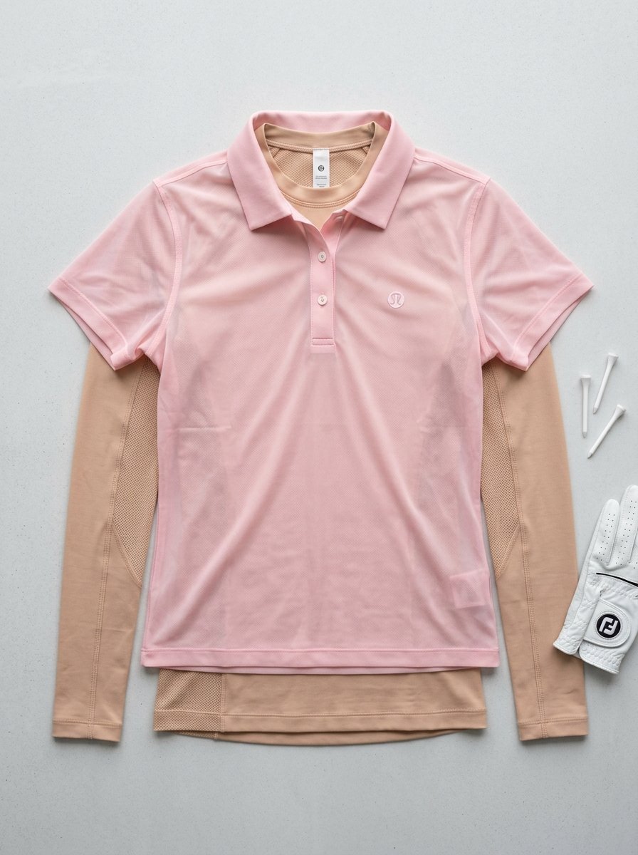 Pink polo shirt layered over a tan long sleeve athletic top with golf tees and a white glove on the side.