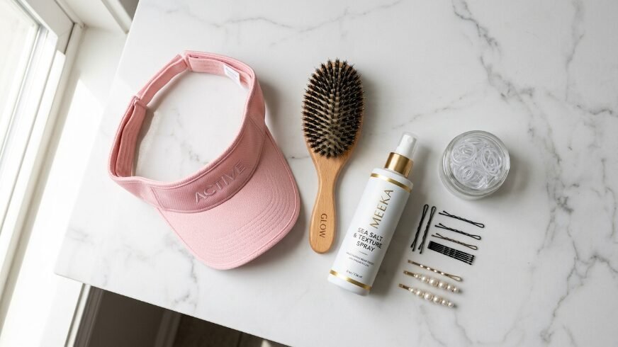 A pink visor, wooden hairbrush, Meeka sea salt spray, bobby pins, and hair ties on marble surface.