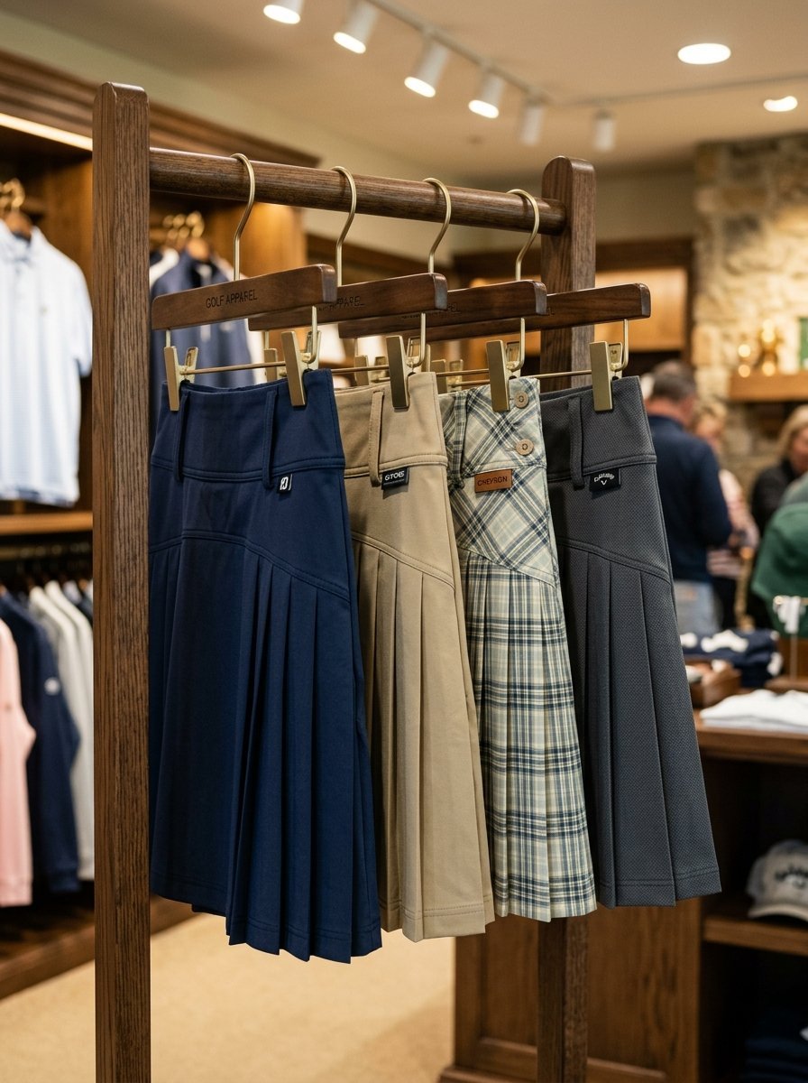 Four women's pleated golf skirts in navy, tan, plaid, and grey hanging on a wooden rack in a pro shop.