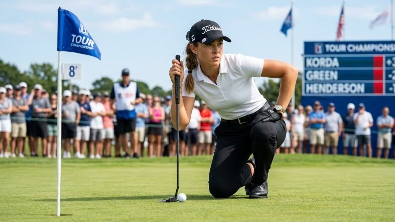 Female golfer in a Titleist cap kneels on the green to read her putt while spectators watch in the background.