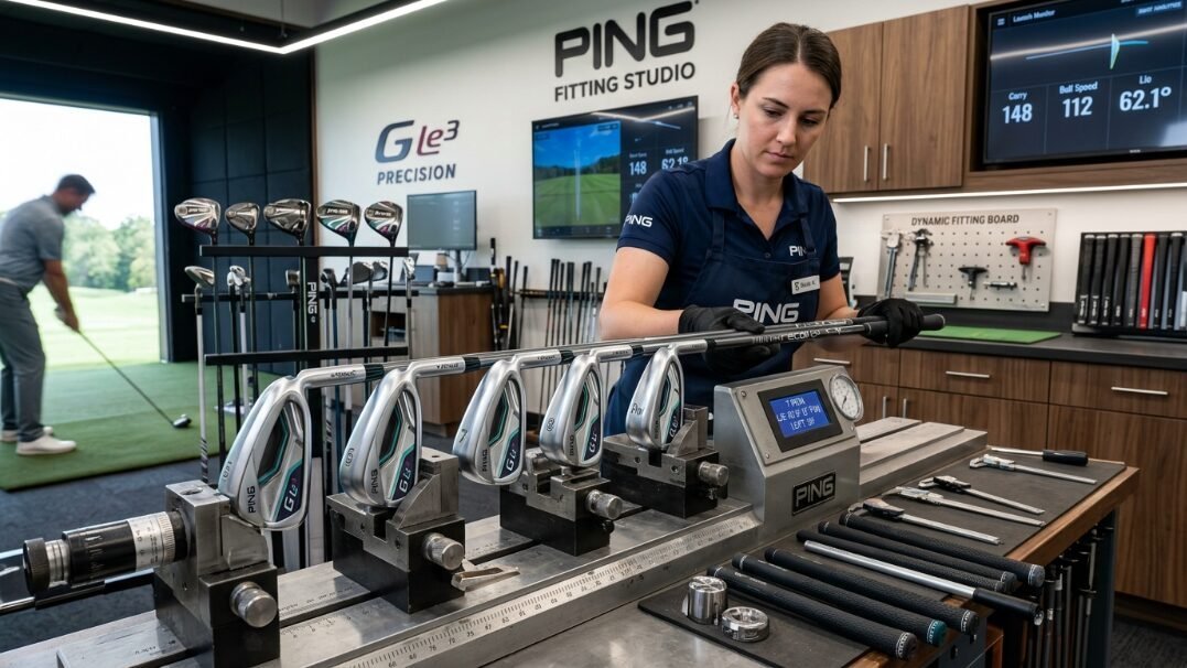 A woman wearing a Ping apron adjusts golf irons on a precision fitting machine inside a workshop.