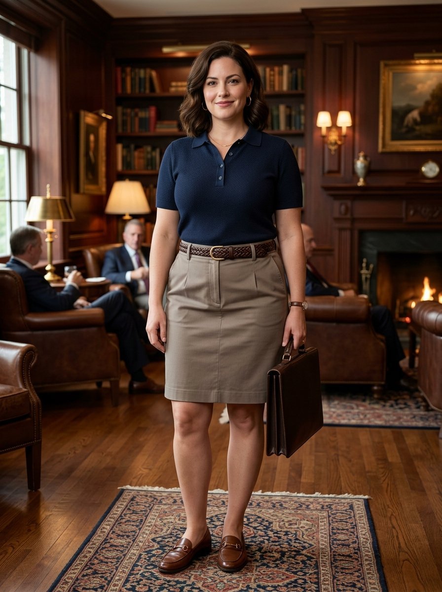 Woman in dark polo and khaki skirt standing in an office library with men in suits seated in the background.