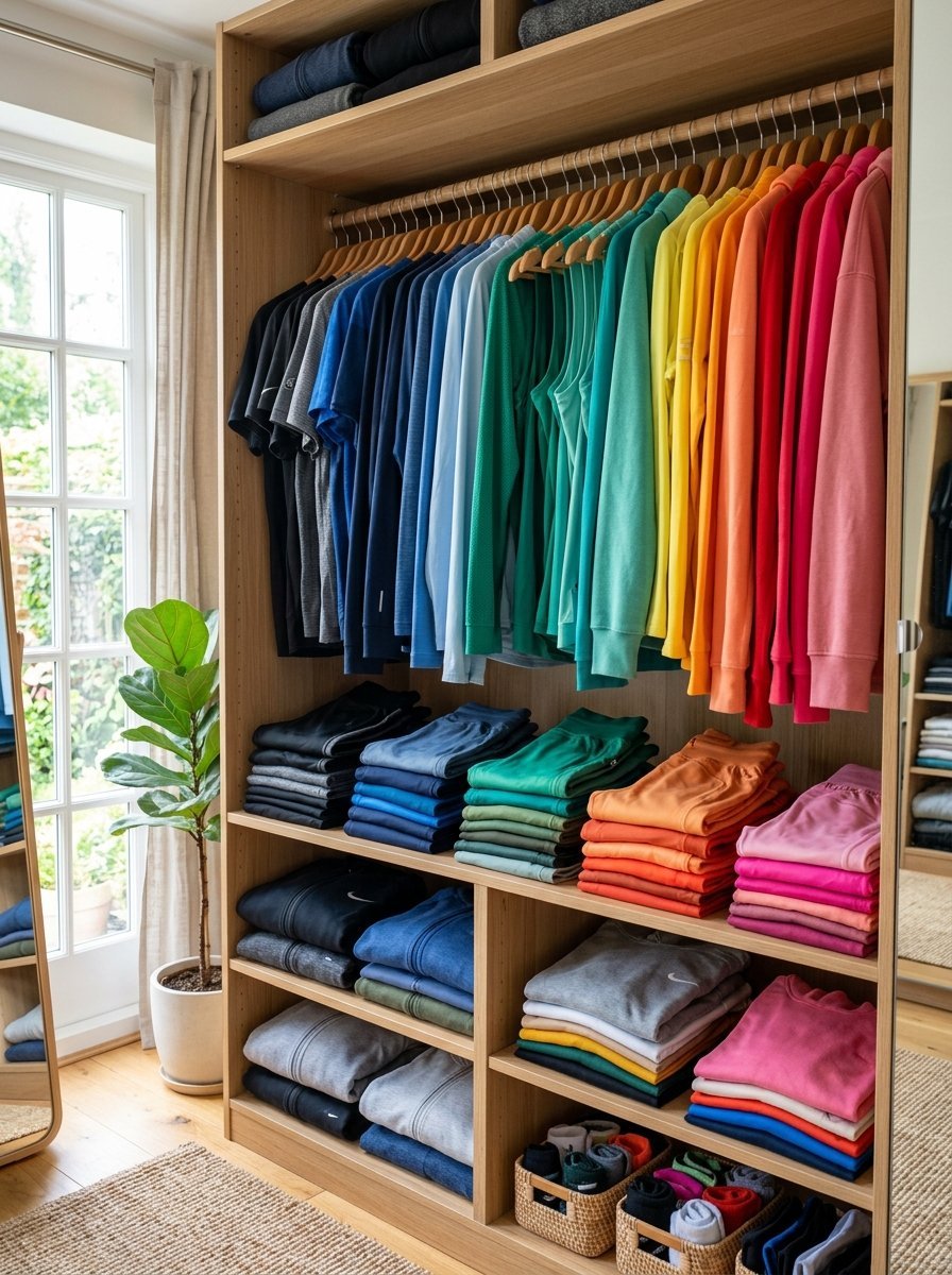 Wooden closet with clothes hanging in rainbow gradient order and folded items arranged by color on shelves.