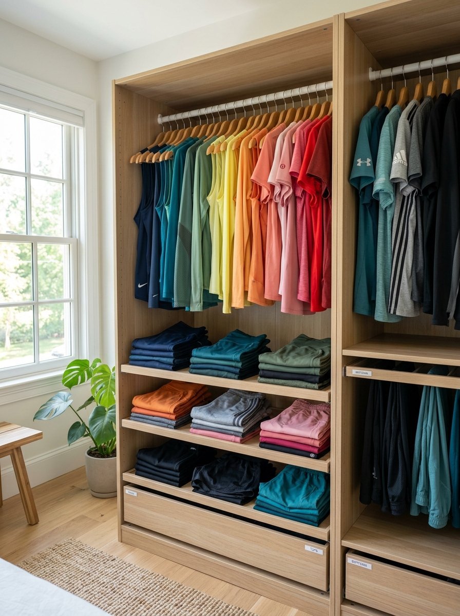 Wooden closet shelves filled with folded sportswear and shirts hung in a vibrant rainbow color gradient.