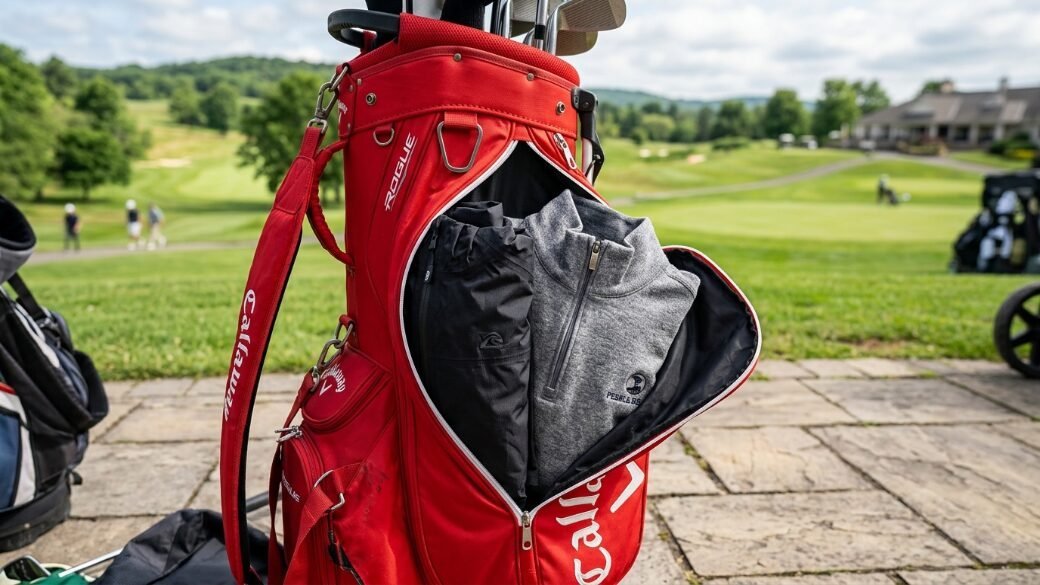 Close up of a red golf bag with a large pocket open to show a black rain shell and a grey quarter-zip sweater.