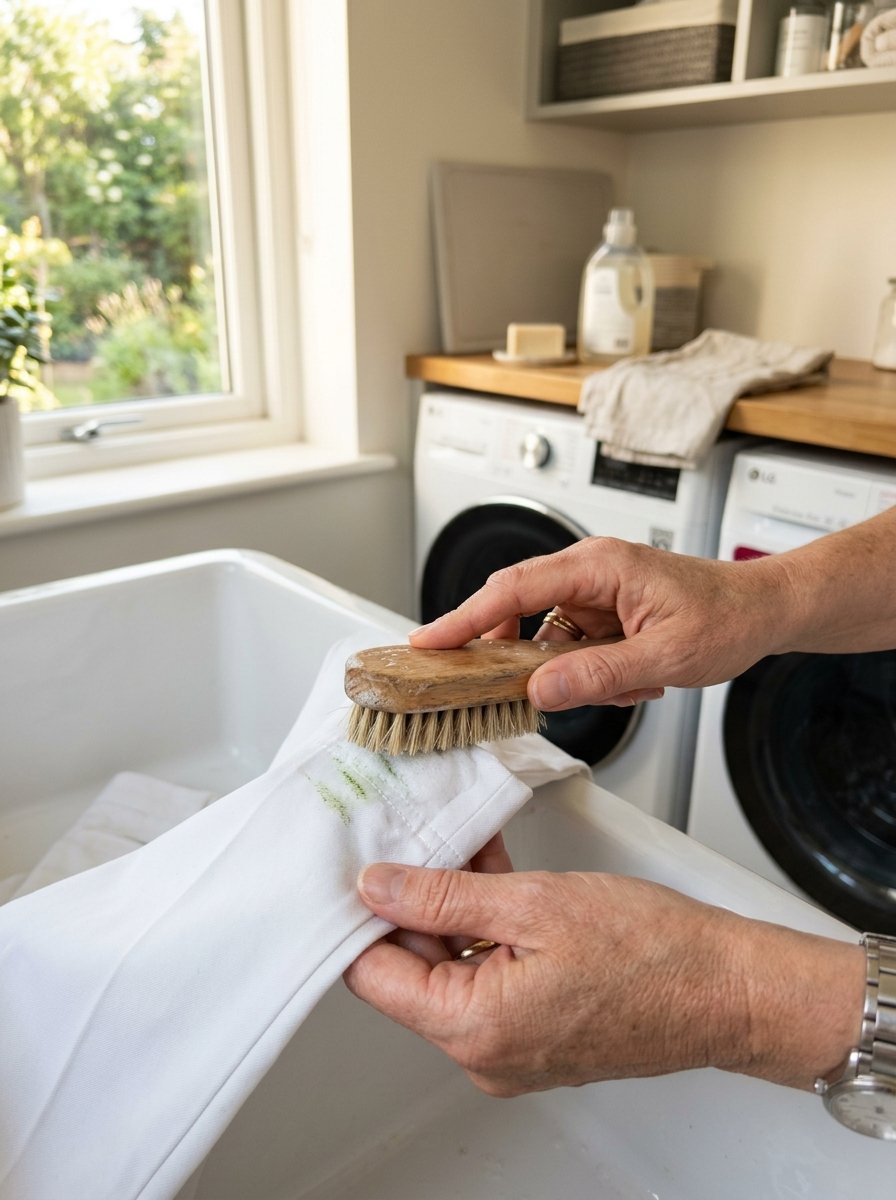 Close up of hands using a wooden scrub brush to clean a green stain on white cloth over a utility sink.