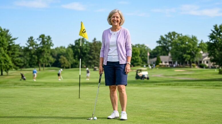 A mature woman standing on a golf course green next to a flag marked number nine.