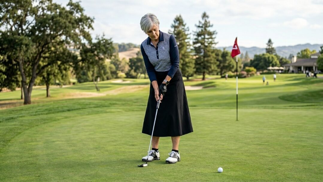 An older woman in a golf outfit lines up a putt on a lush green course with a flagstick in the distance.
