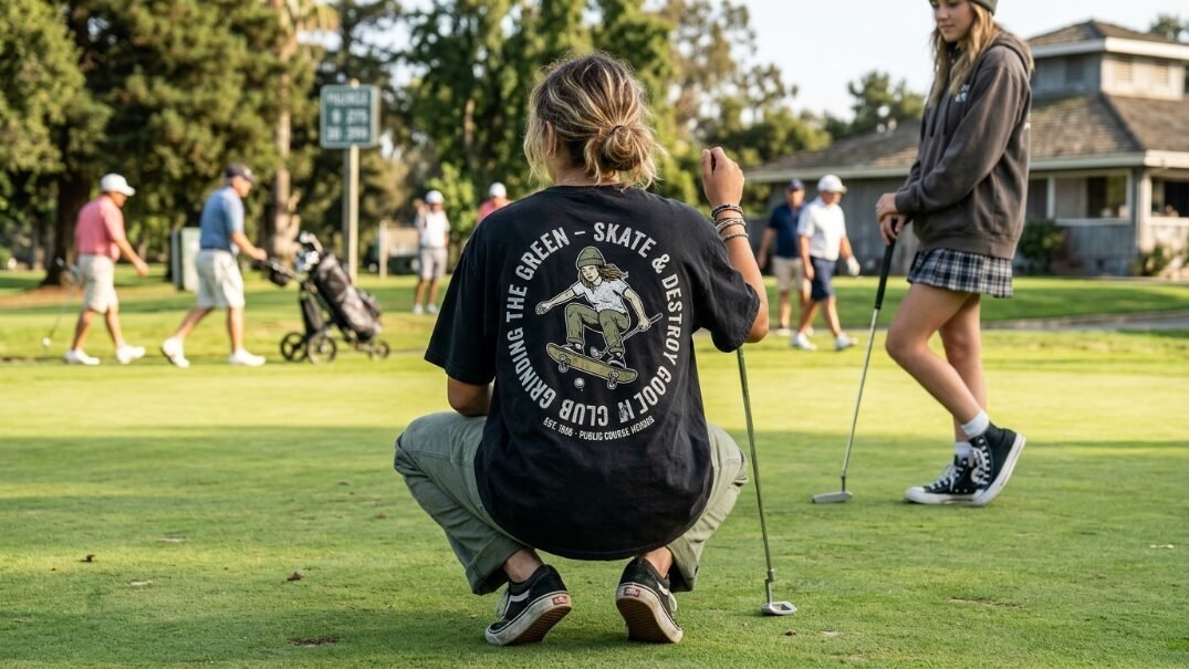 A woman wearing a black graphic t-shirt with a skater print squats on a putting green while another person stands nearby.