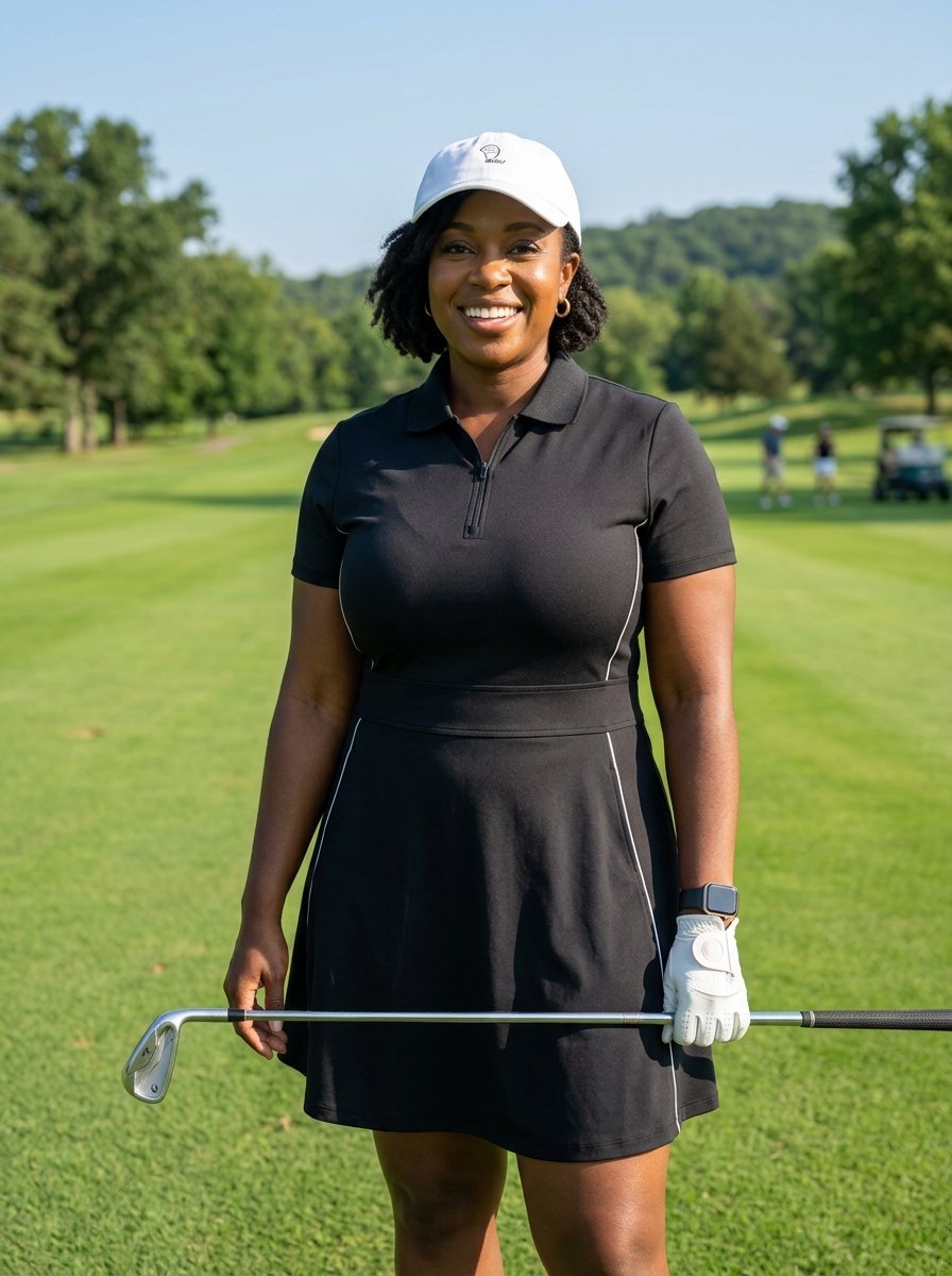 A woman wearing a white cap and black athletic dress holding a golf iron on a sunny fairway.