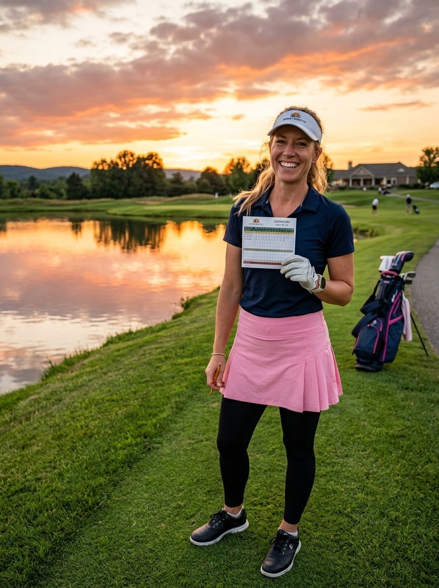 A smiling woman in a golf outfit holds her scorecard by a pond during a beautiful orange sunset.