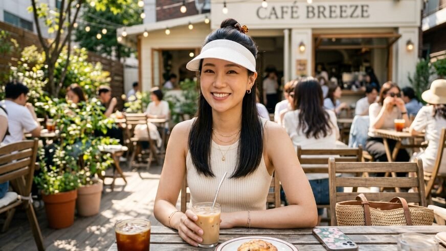 Smiling woman in a white sun visor sits at a wooden table on a sunny outdoor cafe patio with a drink.