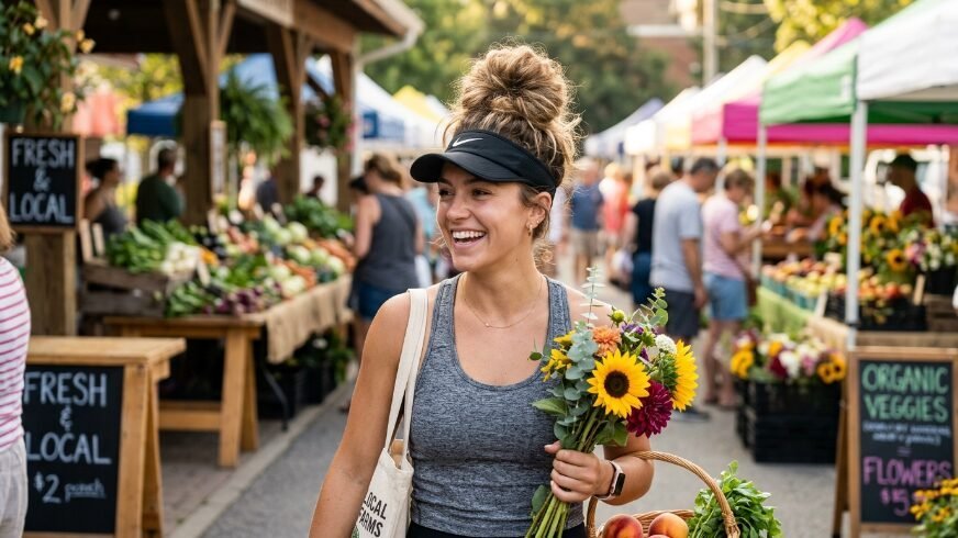 A smiling woman wearing a visor and tank top holds a fresh sunflower bouquet while walking through a farmers market.