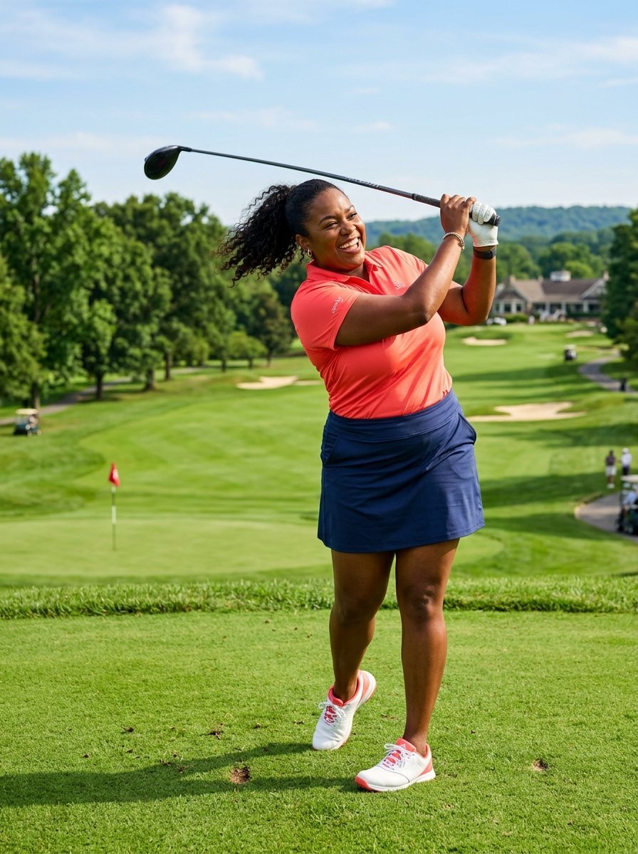 Smiling Black woman in a coral shirt and navy skirt finishing her golf swing on a lush green course.