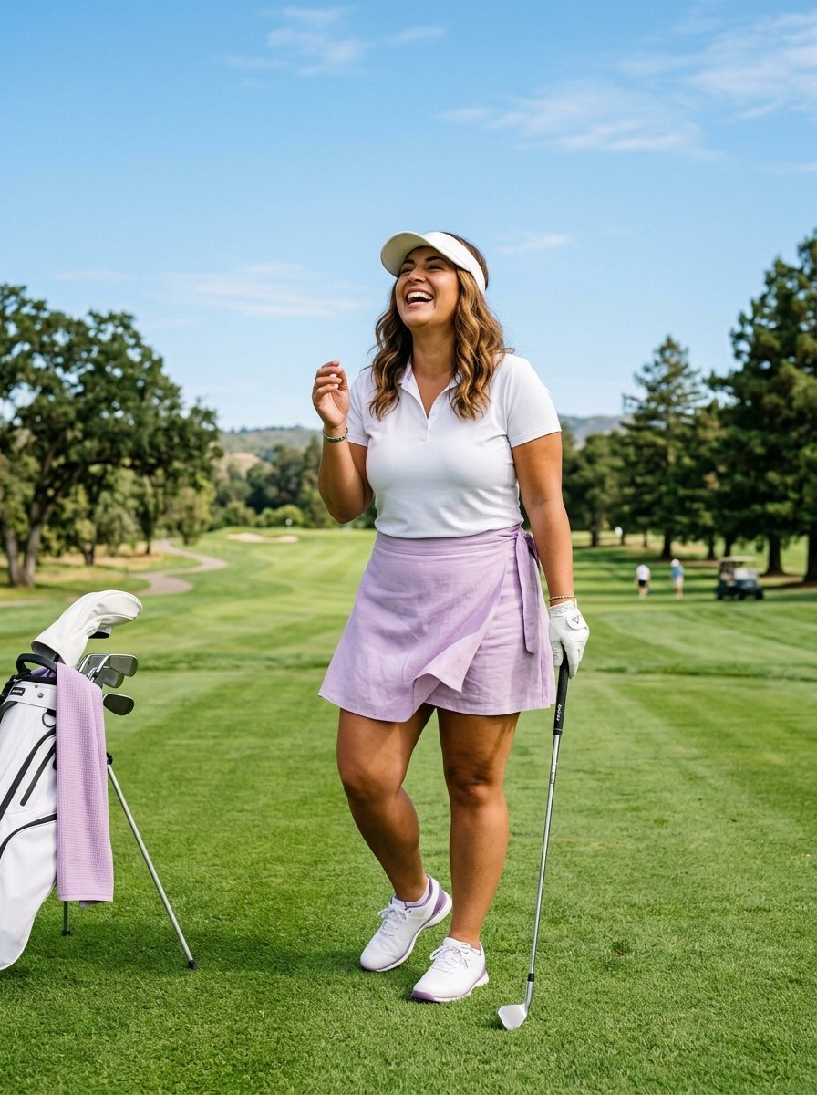 Golfer laughing while holding a club on a sunny day with her golf bag nearby.